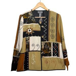 Indigo Moon Flax Blend Safari Patchwork Embroidered Size Medium Jacket